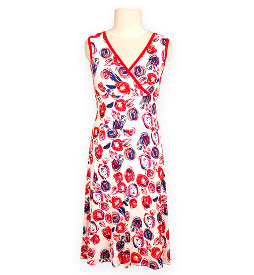 Kleid mit V-Ausschnitt blau-rote Kreise Gr.M