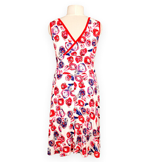 Kleid mit V-Ausschnitt blau-rote Kreise Gr.M