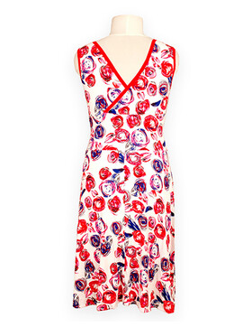 Kleid mit V-Ausschnitt blau-rote Kreise Gr.M